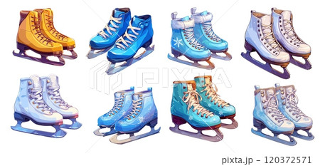 Cartoon ice skates. Shoe pair set for professional or hobby winter sport figure skating hockey footwear vector illustration 120372571