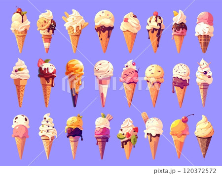 Cartoon ice cream. Scoop waffle cone toppings, tasty cold summer dessert food set vector illustration 120372572