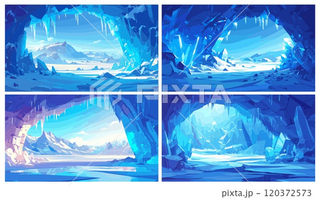 Cartoon ice cave. Frozen winter landscape snow and icicles, natural cold arctic land set vector illustration 120372573