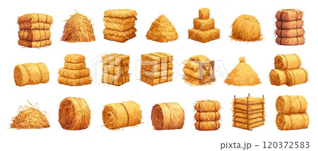 Cartoon hay bales. Haystack in rolls squares heaps piles, farm dry grass harvesting set vector illustration 120372583