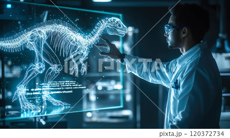 A scientist analyzes the hologram of a dinosaur skeleton. The concept emphasizes the use of advanced technology in paleontology and research. Generative AI. 120372734