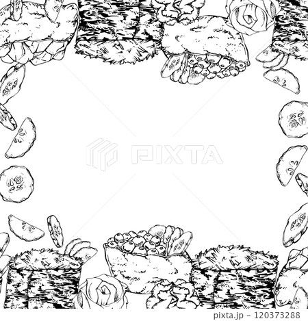 Traditional Japanese food, gunkan inari sushi with raw fish salmon tuna crab, caviar cucumber slices hand drawn in vector pen, ink. Square border frame for restaurant, cafe menu, kitchen, recipe book Traditional Japanese food, gunkan inari sushi with raw fish salmon tuna crab, caviar cucumber slices hand drawn in vector pen, ink. Square border frame for restaurant, cafe menu, kitchen, recipe book 120373288