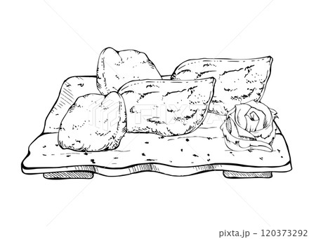 Japanese food inari tofu sushi set served on ceramic plate, tamagoyaki omelette tempura, ginger rose hand drawn in vector pen, ink. Illustration for restaurant, cafe menu, kitchen print, recipe book 120373292