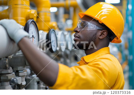 Male engineer wearing a hard hat and safety goggles, monitoring pressure gauges 120373316