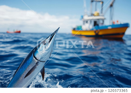 Marlin leaps out of the ocean with a fishing boat in the background 120373365