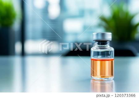 Glass medical vial containing liquid with a blurred office background 120373366