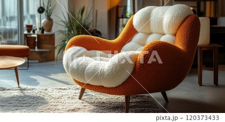 A cozy living room features a unique boucle upholstered chair, illuminated by soft morning light 120373433