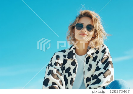 A girl in a stylish cow print jacket and jeans relaxes outdoors under a bright blue sky, soaking up the sun 120373467