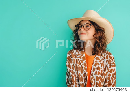 The girl with curly hair smiles in a chic cow print jacket and cowboy boots, basking in the cheerful vibe 120373468