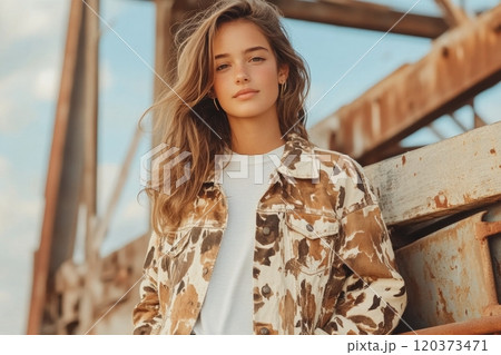 A girl in a cow print jacket and cowboy boots confidently poses outdoors by a weathered wooden backdrop 120373471