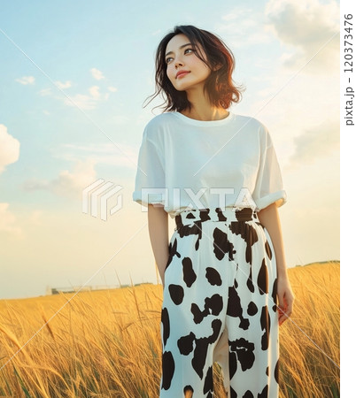 A woman in cow print pants stands gracefully in a sunlit field, embodying a sense of peace and connection with nature 120373476
