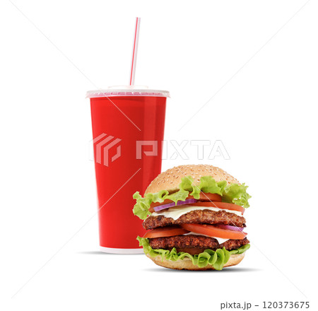A classic combination of a cola and hamburger A classic combination of a cola and hamburger 120373675