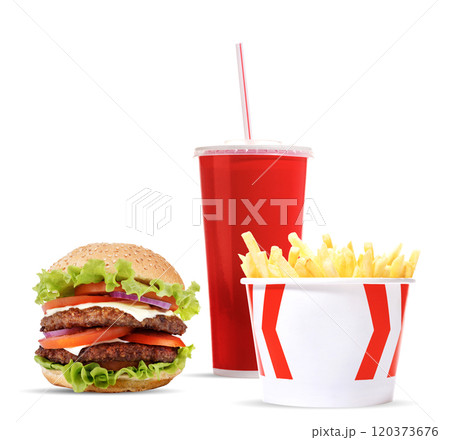 A classic trio of cola, French fries, and a hamburger 120373676