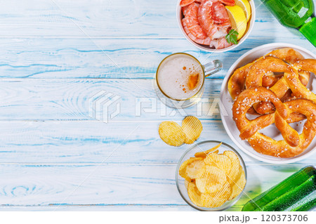 A vibrant photo showcasing various beer snacks and fast food A vibrant photo showcasing various beer snacks and fast food 120373706