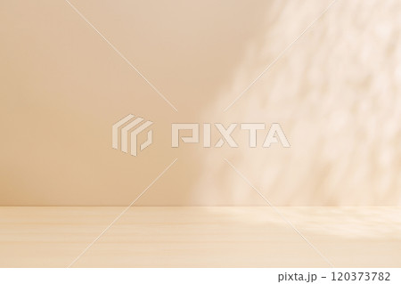 Template with empty table and wall with natural shadow and sunny glare 120373782