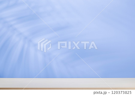 Template with empty table and wall with natural plant shadow and sunny glare 120373825