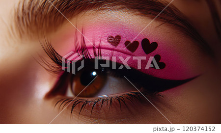 AI-generated item. Close up of a beautiful female eye with a graphic make-up of hearts. AI-generated item. Close up of a beautiful female eye with a graphic make-up of hearts. 120374152