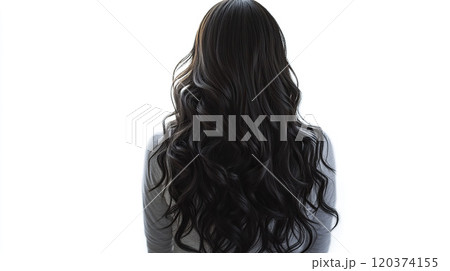 AI-generated item. Rear view of a woman with long black curly hair on white background. 120374155