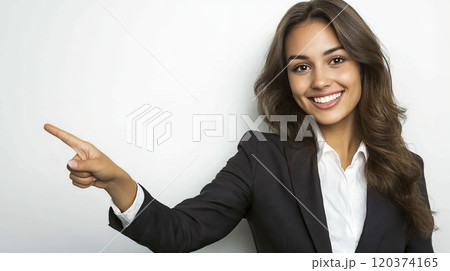 AI-generated item. Young business woman pointing finger up at copy space. 120374165