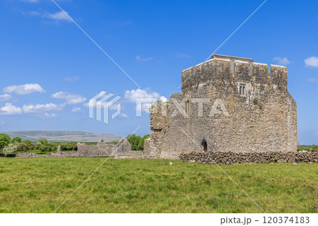 The tower house at Kilmacduagh Abbey in County Galway, Ireland, stands prominently in a green field under a clear blue sky. The medieval stone structure, part of the abbey historic ruins The tower house at Kilmacduagh Abbey in County Galway, Ireland, stands prominently in a green field under a clear blue sky. The medieval stone structure, part of the abbey historic ruins 120374183
