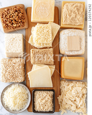 Assorted parmesan cheese blocks, wedges, and shredded pieces Assorted parmesan cheese blocks, wedges, and shredded pieces 120374292