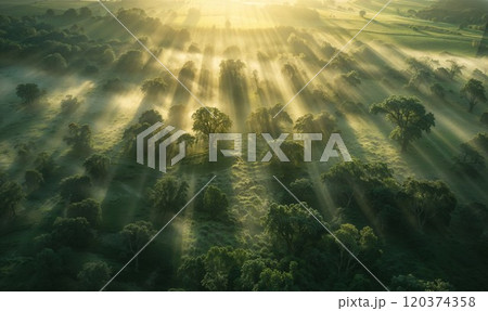 Stunning aerial view of sunbeams piercing through morning mist over a green forest landscape, creating dramatic rays of golden light between the trees 120374358