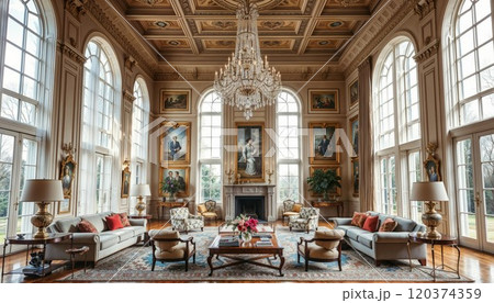 Elegant grand living room in a historic mansion featuring soaring windows, ornate crystal chandelier, classical portraits, and luxurious period furniture arranged around a marble fireplace 120374359