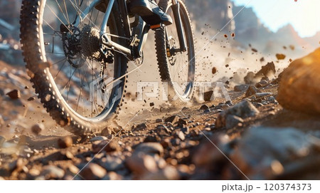 A mountain bike rides through rough terrain, kicking up dust and rocks as it speeds across a rugged path. The motion is dynamic, capturing the thrill of off-road cycling 120374373