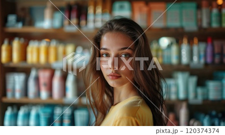 A young woman with long brown hair and blue eyes stands in front of shelves filled with skincare and beauty products. Her expression is calm and focused, with a soft, natural look A young woman with long brown hair and blue eyes stands in front of shelves filled with skincare and beauty products. Her expression is calm and focused, with a soft, natural look 120374374