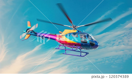 Vibrant multicolored helicopter in flight against bright blue sky with wispy clouds. Modern aircraft featuring playful rainbow color scheme with yellow, blue, pink and purple design elements 120374389