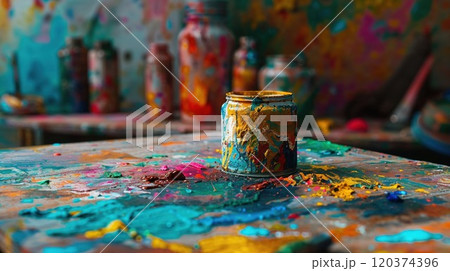 A messy painter's workspace with vibrant splashes of color, an open paint jar at the center, and an artistic chaos reflecting creativity and inspiration. Perfect for artistic and creative concepts 120374396
