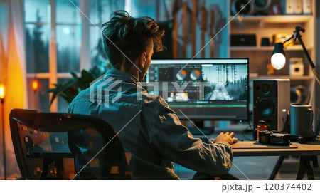 A man with tousled hair works on video editing at his computer in a cozy, dimly lit room. The editing software is visible on the monitor, surrounded by creative tools, evoking a productive work A man with tousled hair works on video editing at his computer in a cozy, dimly lit room. The editing software is visible on the monitor, surrounded by creative tools, evoking a productive work 120374402