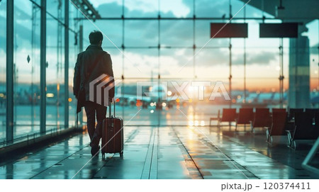 A lone traveler walking through an airport terminal at sunrise, pulling a suitcase with an airplane in the background. A visual of journey, anticipation, and modern travel 120374411