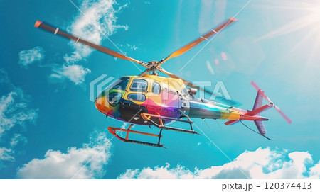 colorful helicopter in mid-flight against a clear blue sky with light clouds. The helicopter has vibrant, multi-colored patterns on its body and tail, creating a dynamic and energetic appearance 120374413