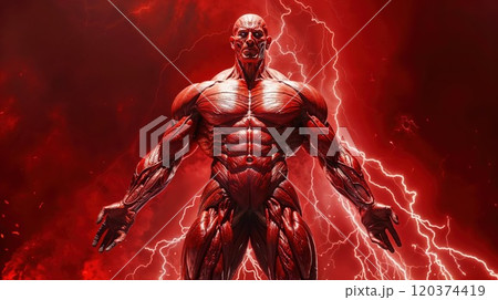 A towering, muscular humanoid figure with exposed muscles stands powerfully in front of a red, stormy background with lightning striking behind him, exuding strength, intensity, and energy A towering, muscular humanoid figure with exposed muscles stands powerfully in front of a red, stormy background with lightning striking behind him, exuding strength, intensity, and energy 120374419