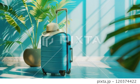 Turquoise hardshell suitcase with straw sun hat against tropical palm leaves background. Modern minimal travel concept with natural shadows and teal color scheme 120374422