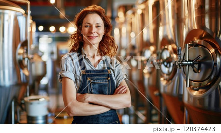 woman stands confidently in a brewery, surrounded by large stainless steel fermentation tanks. She has a relaxed and welcoming expression, with a slight smile, and her arms are crossed as she faces 120374423