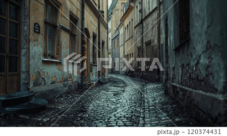 A narrow, empty, cobblestone alleyway between old, weathered buildings. The dim lighting and worn facades give the scene a moody, abandoned, and mysterious atmosphere 120374431