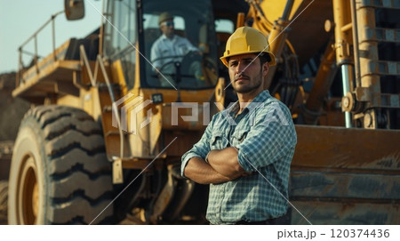 A confident construction worker in a yellow hard hat stands with arms crossed against the backdrop of a massive excavator on a sunny worksite. Strength and determination on display A confident construction worker in a yellow hard hat stands with arms crossed against the backdrop of a massive excavator on a sunny worksite. Strength and determination on display 120374436