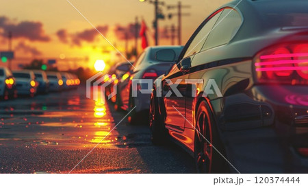 A row of sleek cars is lined up on a wet street, reflecting the golden hues of a vibrant sunset. The glowing taillights and wet pavement create a cinematic, urban atmosphere A row of sleek cars is lined up on a wet street, reflecting the golden hues of a vibrant sunset. The glowing taillights and wet pavement create a cinematic, urban atmosphere 120374444