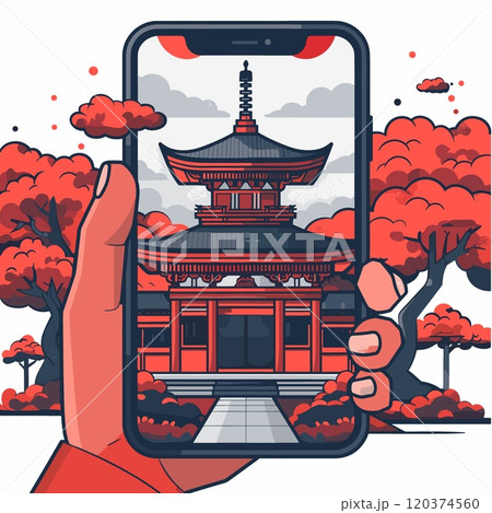 Hands holding smartphone with Chinese temple on screen. Vector illustration 120374560