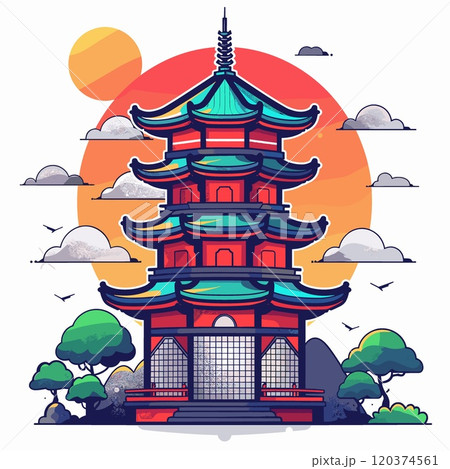 Pagoda in the park. Vector illustration in flat style 120374561