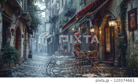 A narrow, picturesque cobblestone street lined with charming tables and chairs, all glistening in the soft, soothing rain A narrow, picturesque cobblestone street lined with charming tables and chairs, all glistening in the soft, soothing rain 120374661
