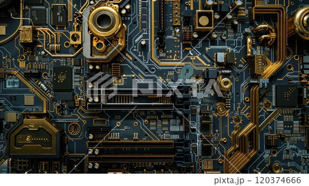 Closeup of a computer motherboard with many electronics Closeup of a computer motherboard with many electronics 120374666