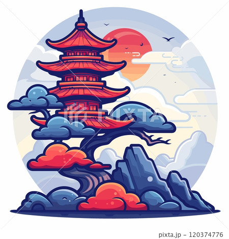 Japanese pagoda in the clouds. Vector illustration in flat style 120374776