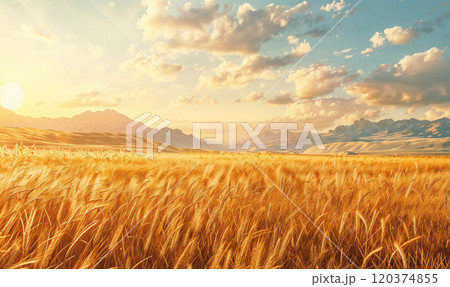 Golden wheat field at sunset with rolling mountains in the distance, bathed in warm, soft sunlight, symbolizing peace and abundance 120374855
