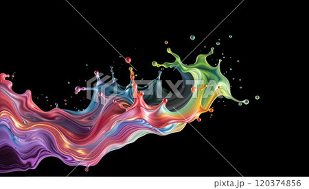 Vibrant splash of colorful liquid on a black background, creating a dynamic and abstract wave of swirling hues and fluid motion 120374856
