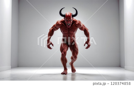 Muscular demon with red skin and sharp horns in an aggressive stance, embodying power, rage, and fantasy, set against a stark white minimalistic room 120374858