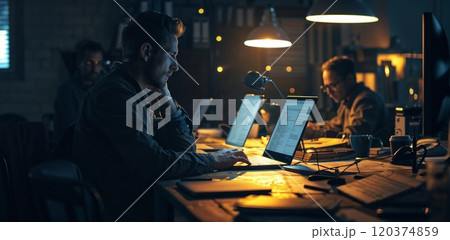 Focused programmer working late at night on a laptop, surrounded by warm lighting and a collaborative team in a dimly lit office, showcasing determination and productivity 120374859