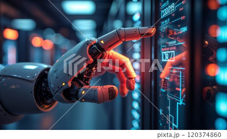 A robotic hand is pointing at a display screen in a techfilled server room 120374860